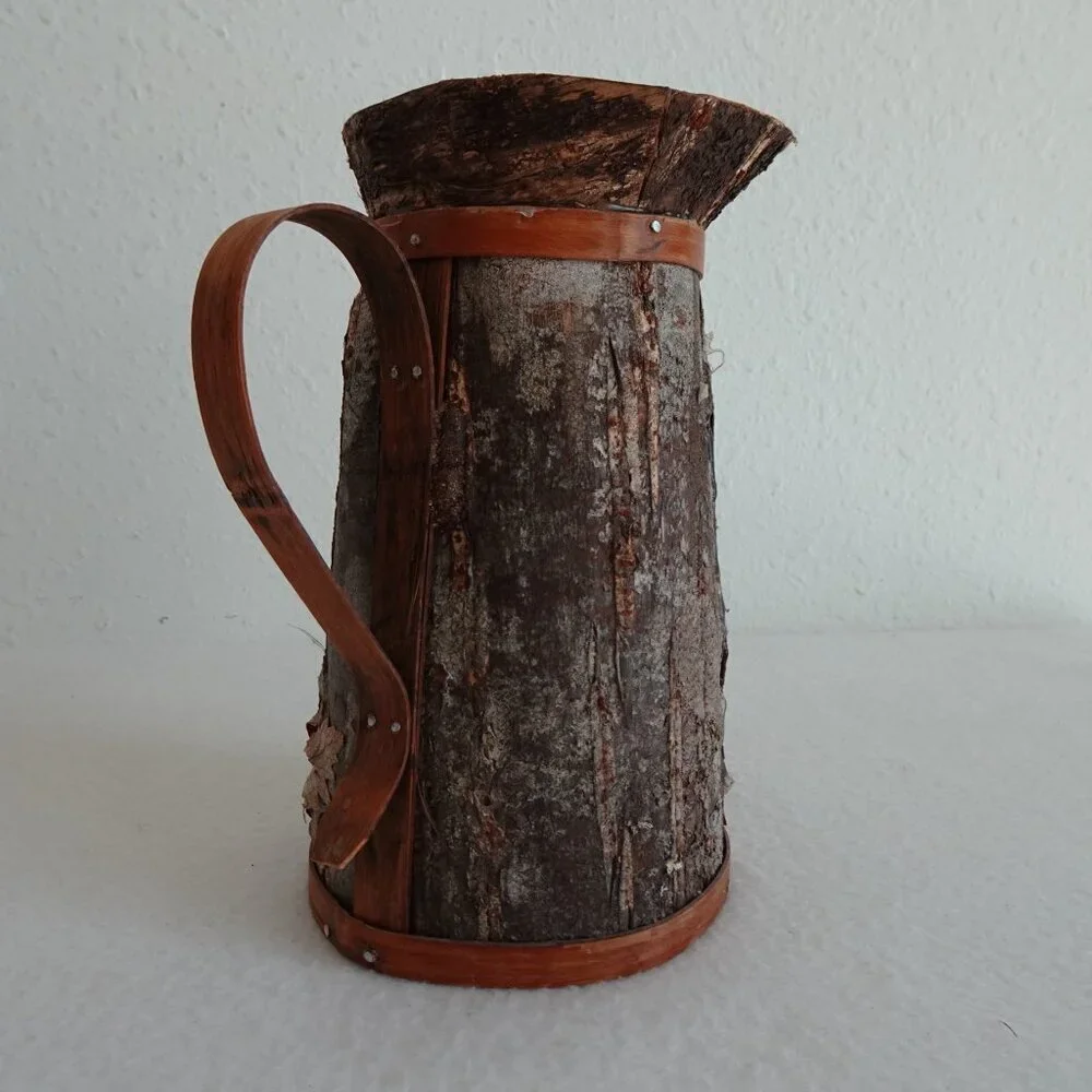 Handmade Wood Tree Bark Pitcher Vase 7.5” Vintage Rustic Natural Earthy Textured